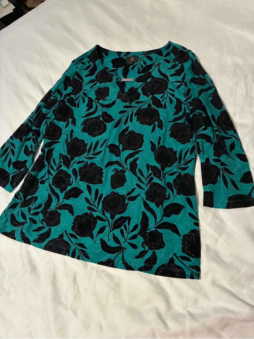 JM Collection Teal Floral 3/4 Sleeve Blouse
